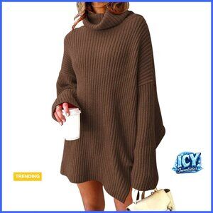 Plus Size Oversized Turtleneck Sweater Dress Winter Pullover Knit Tunic